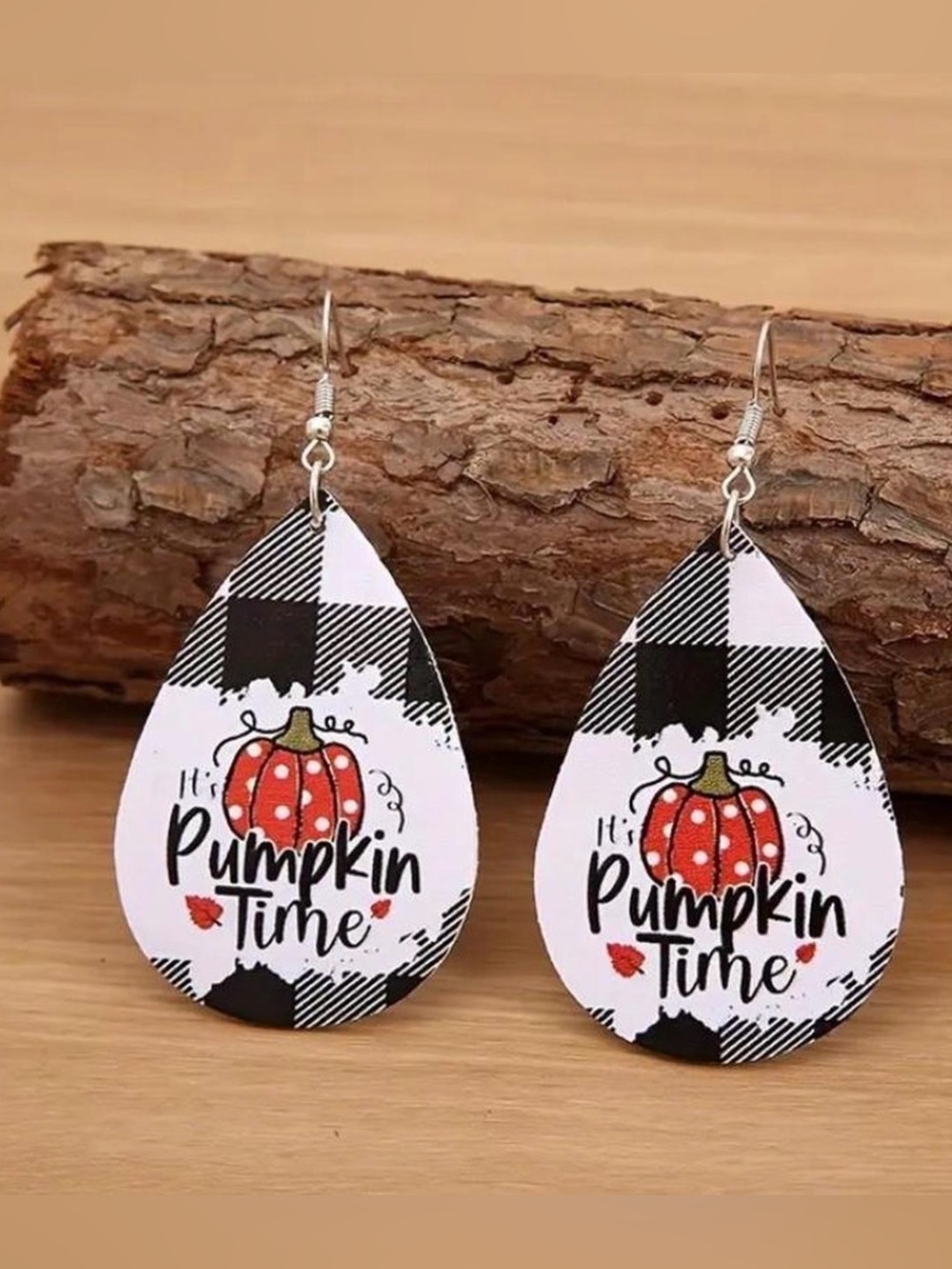 Pumpkin Time Black & White Buffalo Plaid Teardrop Earrings